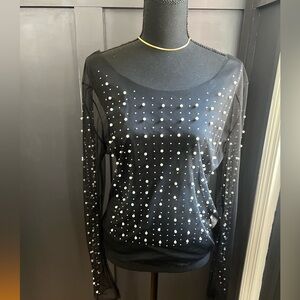Black Sheer Long Sleeve Top with Pearl Accents
